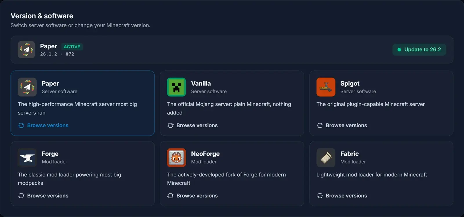 DoomHosting panelets versionsstyring skifter Minecraft serversoftware
